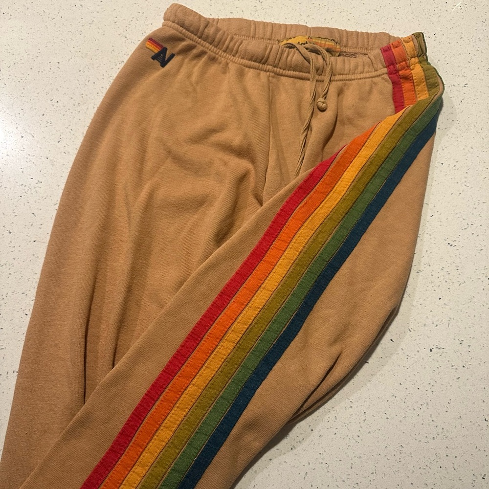 Aviator Nation / ROYGB 5 STRIPE TAN SWEATPANTS / pre-loved GUC/EUC